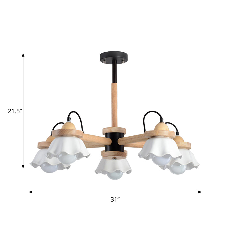 White Scalloped Shade Chandelier Multi-Light Nordic Wooden Drop Ceiling Light for Living Room Clearhalo 'Carpenter Chandeliers' 'Ceiling Lights' 'Chandeliers' 'Industrial' 'Modern Chandeliers' 'Modern' Lighting' 1872813