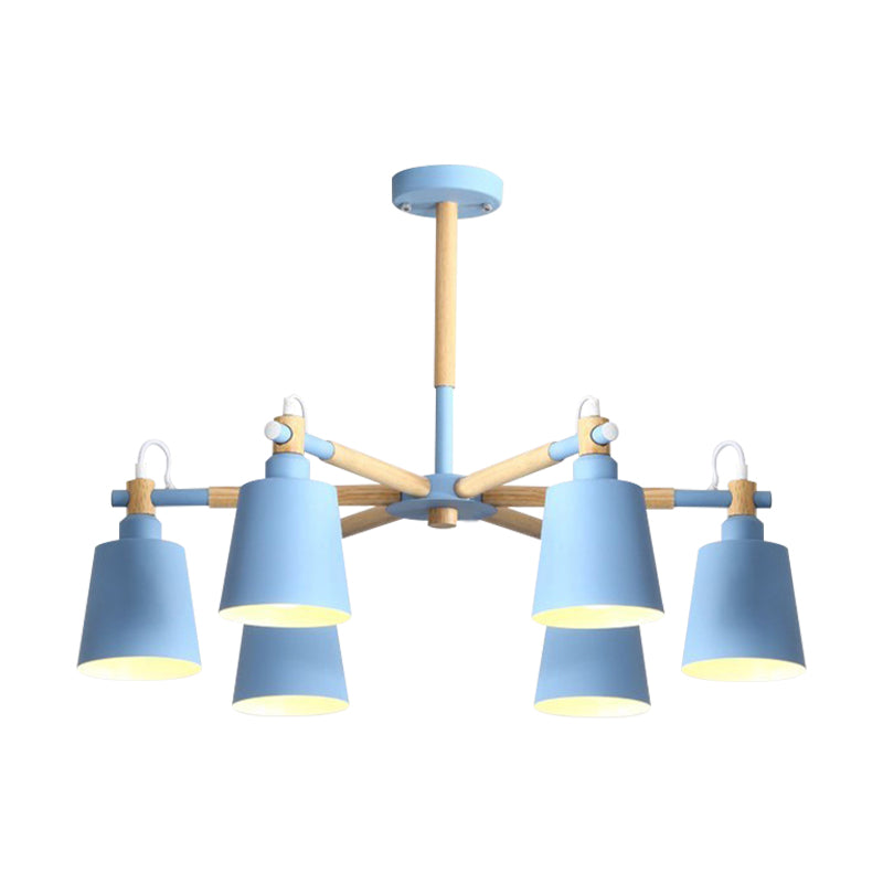 Baby Bedroom Bucket Chandelier Metal Wood 6 Lights Macaron Loft Suspension Light Clearhalo 'Ceiling Lights' 'Chandeliers' Lighting' options 187347