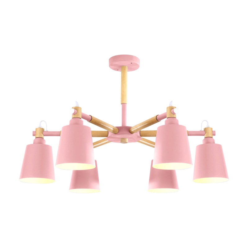 Baby Bedroom Bucket Chandelier Metal Wood 6 Lights Macaron Loft Suspension Light Clearhalo 'Ceiling Lights' 'Chandeliers' Lighting' options 187361