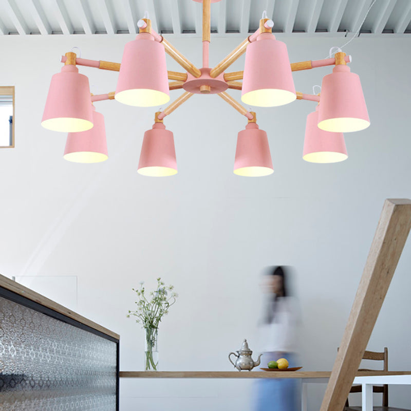 Metal Bucket Shade Chandelier 8 Lights Macaron Stylish Hanging Light for Boys Girls Bedroom Pink Clearhalo 'Ceiling Lights' 'Chandeliers' Lighting' options 187389_ddb06565-d5dd-4151-b8e0-8a510eb2b20d