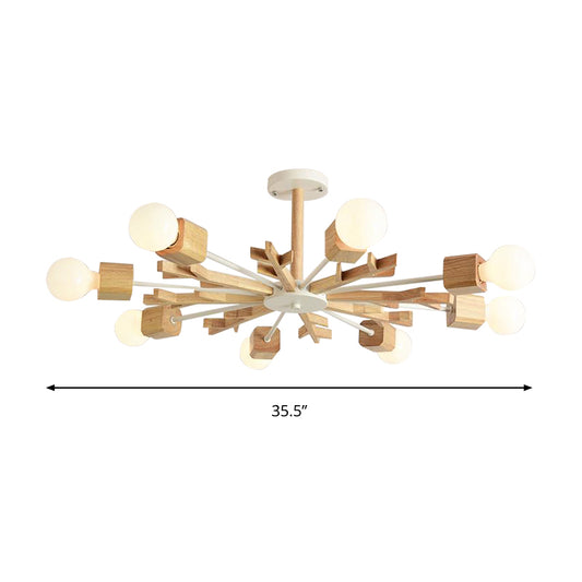 Japanese Style Beige Pendant Light Snowflake Shape Wood Chandelier for Bedroom