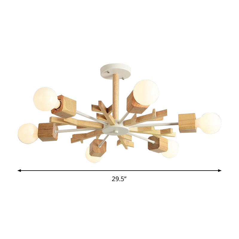 Japanese Style Beige Pendant Light Snowflake Shape Wood Chandelier for Bedroom Clearhalo 'Carpenter Chandeliers' 'Ceiling Lights' 'Chandeliers' 'Industrial' 'Modern Chandeliers' 'Modern' Lighting' 187816