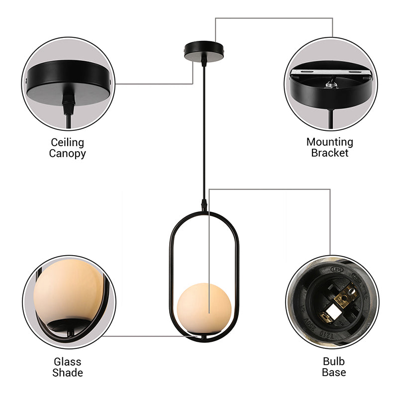 Globe Pendant Lighting Modern White Glass 1/2 Lights Black/Gold Hanging Ceiling Lamp for Bedroom Clearhalo 'Ceiling Lights' 'Glass shade' 'Glass' 'Iluminaci��n' 'L��mparas Colgantes' 'L��mparas de Techo' 'Modern Pendants' 'Modern' 'Pendant Lights' 'Pendants' Hogar' Lighting' 188086