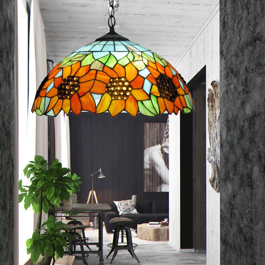 1 Head Bedroom Hanging Lamp Traditional Pendant Light Fixture with Sunflower Orange Stained Glass Shade Orange Clearhalo 'Ceiling Lights' 'Industrial' 'Middle Century Pendants' 'Pendant Lights' 'Pendants' 'Tiffany close to ceiling' 'Tiffany Pendants' 'Tiffany' Lighting' 188098