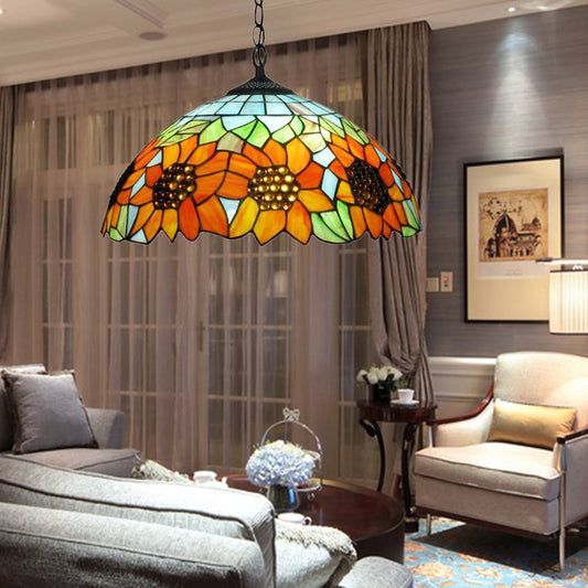 1 Head Bedroom Hanging Lamp Traditional Pendant Light Fixture with Sunflower Orange Stained Glass Shade Clearhalo 'Ceiling Lights' 'Industrial' 'Middle Century Pendants' 'Pendant Lights' 'Pendants' 'Tiffany close to ceiling' 'Tiffany Pendants' 'Tiffany' Lighting' 188099