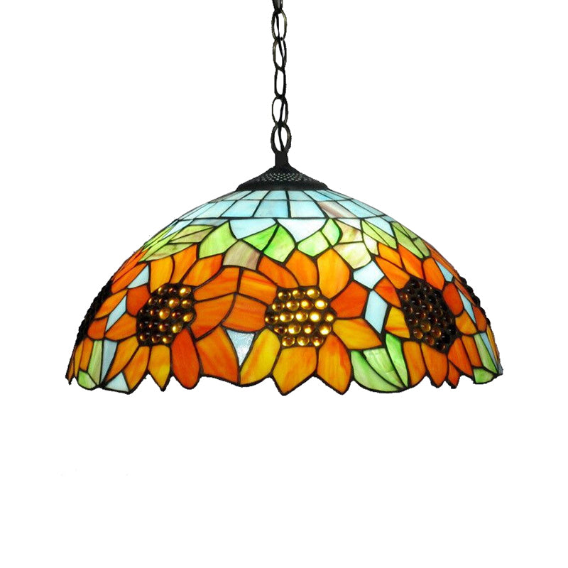1 Head Bedroom Hanging Lamp Traditional Pendant Light Fixture with Sunflower Orange Stained Glass Shade Clearhalo 'Ceiling Lights' 'Industrial' 'Middle Century Pendants' 'Pendant Lights' 'Pendants' 'Tiffany close to ceiling' 'Tiffany Pendants' 'Tiffany' Lighting' 188100