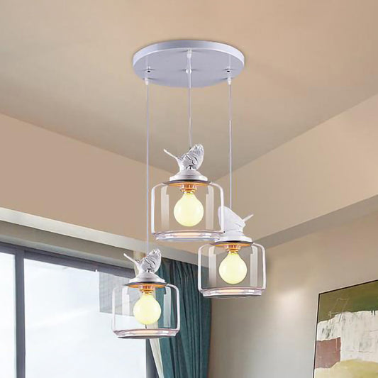 Modern Drum Hanging Lamp with Bird Deco Clear Glass White Ceiling Light for Living Room 3 Clear Clearhalo 'Ceiling Lights' 'Close To Ceiling Lights' 'Glass shade' 'Glass' 'Pendant Lights' 'Pendants' Lighting' 188296