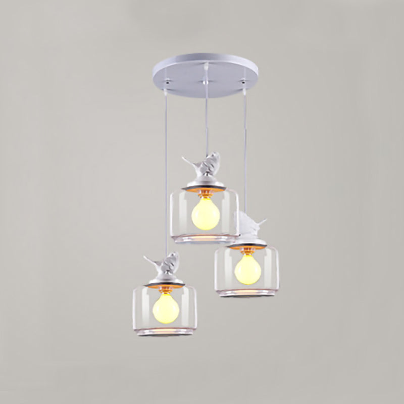 Modern Drum Hanging Lamp with Bird Deco Clear Glass White Ceiling Light for Living Room Clearhalo 'Ceiling Lights' 'Close To Ceiling Lights' 'Glass shade' 'Glass' 'Pendant Lights' 'Pendants' Lighting' 188298