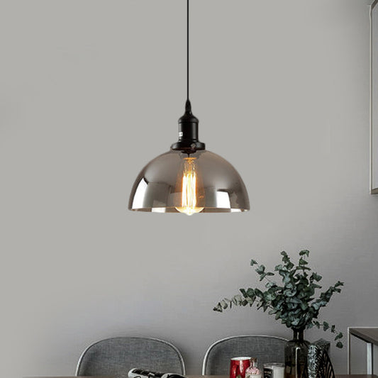 Dome Pendant Lighting Industrial 1 Light 10"/12" Wide Smoked Glass Hanging Lamp in Black Smoke Gray Clearhalo 'Ceiling Lights' 'Glass shade' 'Glass' 'Industrial Pendants' 'Industrial' 'Middle Century Pendants' 'Pendant Lights' 'Pendants' 'Tiffany' Lighting' 1882980