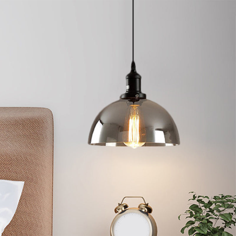 Dome Pendant Lighting Industrial 1 Light 10"/12" Wide Smoked Glass Hanging Lamp in Black Clearhalo 'Ceiling Lights' 'Glass shade' 'Glass' 'Industrial Pendants' 'Industrial' 'Middle Century Pendants' 'Pendant Lights' 'Pendants' 'Tiffany' Lighting' 1882981
