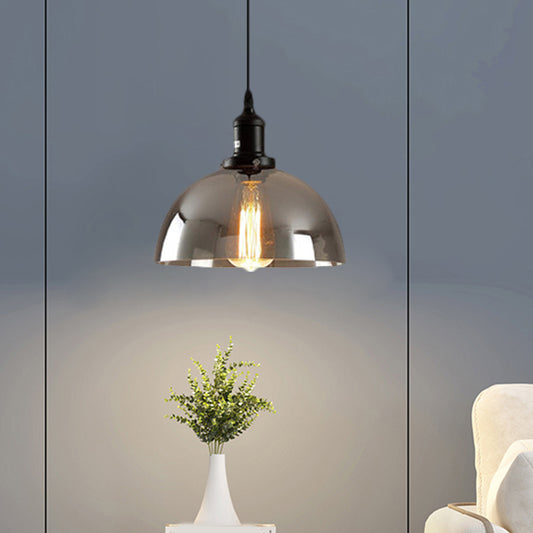 Dome Pendant Lighting Industrial 1 Light 10"/12" Wide Smoked Glass Hanging Lamp in Black Clearhalo 'Ceiling Lights' 'Glass shade' 'Glass' 'Industrial Pendants' 'Industrial' 'Middle Century Pendants' 'Pendant Lights' 'Pendants' 'Tiffany' Lighting' 1882982
