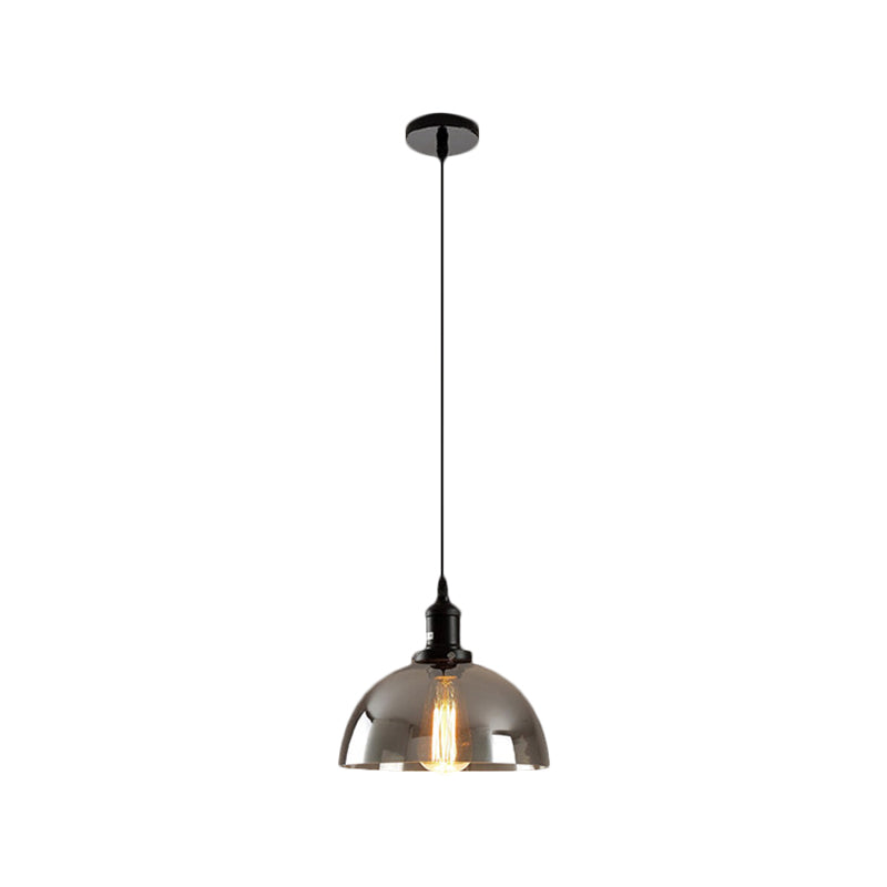 Dome Pendant Lighting Industrial 1 Light 10"/12" Wide Smoked Glass Hanging Lamp in Black Clearhalo 'Ceiling Lights' 'Glass shade' 'Glass' 'Industrial Pendants' 'Industrial' 'Middle Century Pendants' 'Pendant Lights' 'Pendants' 'Tiffany' Lighting' 1882983