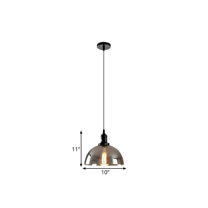 Dome Pendant Lighting Industrial 1 Light 10"/12" Wide Smoked Glass Hanging Lamp in Black Clearhalo 'Ceiling Lights' 'Glass shade' 'Glass' 'Industrial Pendants' 'Industrial' 'Middle Century Pendants' 'Pendant Lights' 'Pendants' 'Tiffany' Lighting' 1882984