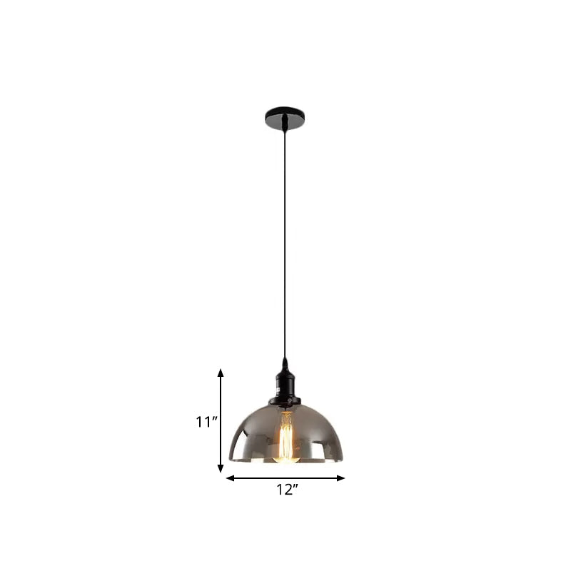 Dome Pendant Lighting Industrial 1 Light 10"/12" Wide Smoked Glass Hanging Lamp in Black Clearhalo 'Ceiling Lights' 'Glass shade' 'Glass' 'Industrial Pendants' 'Industrial' 'Middle Century Pendants' 'Pendant Lights' 'Pendants' 'Tiffany' Lighting' 1882985