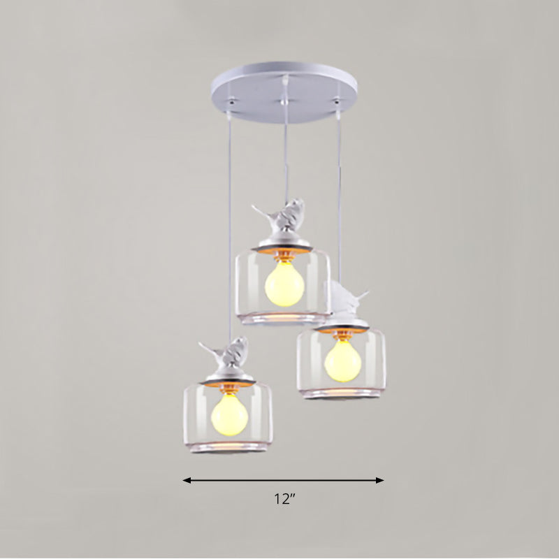 Modern Drum Hanging Lamp with Bird Deco Clear Glass White Ceiling Light for Living Room Clearhalo 'Ceiling Lights' 'Close To Ceiling Lights' 'Glass shade' 'Glass' 'Pendant Lights' 'Pendants' Lighting' 188299