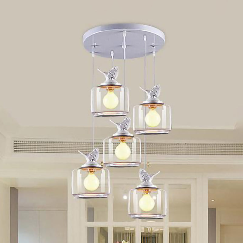 Modern Drum Hanging Lamp with Bird Deco Clear Glass White Ceiling Light for Living Room 5 Clear Clearhalo 'Ceiling Lights' 'Close To Ceiling Lights' 'Glass shade' 'Glass' 'Pendant Lights' 'Pendants' Lighting' 188300
