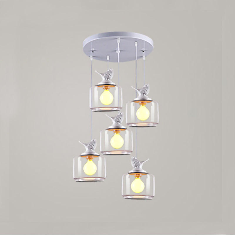 Modern Drum Hanging Lamp with Bird Deco Clear Glass White Ceiling Light for Living Room Clearhalo 'Ceiling Lights' 'Close To Ceiling Lights' 'Glass shade' 'Glass' 'Pendant Lights' 'Pendants' Lighting' 188302