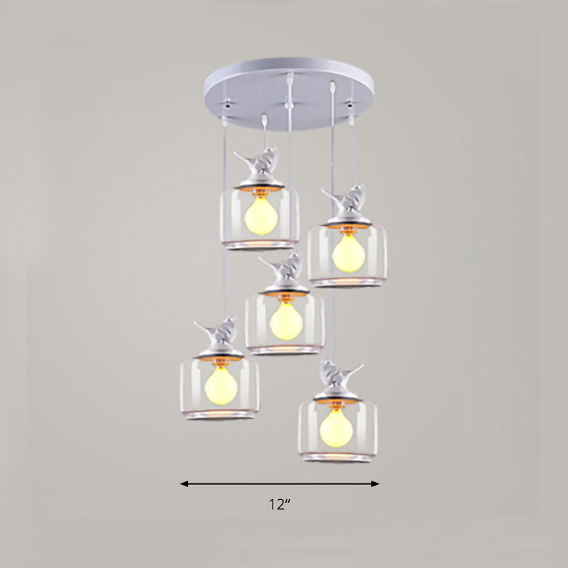 Modern Drum Hanging Lamp with Bird Deco Clear Glass White Ceiling Light for Living Room Clearhalo 'Ceiling Lights' 'Close To Ceiling Lights' 'Glass shade' 'Glass' 'Pendant Lights' 'Pendants' Lighting' 188303
