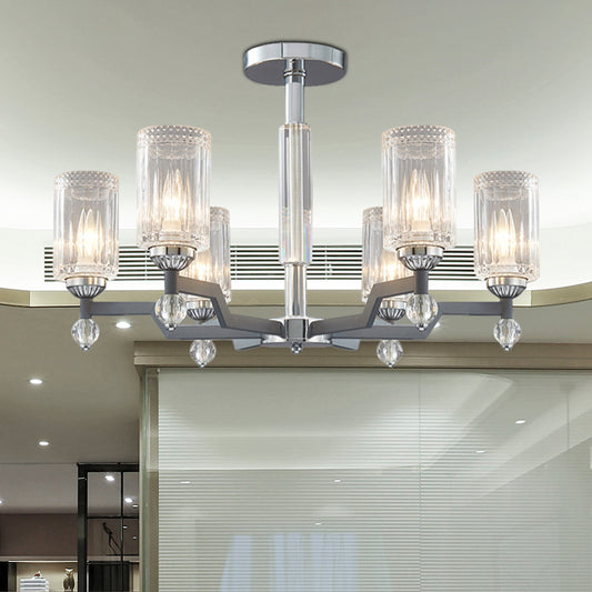 Modernist 3/6-Head Ceiling Flush Mount Cylindrical Crystal Semi Flush Light in Chrome Clearhalo 'Ceiling Lights' 'Close To Ceiling Lights' 'Close to ceiling' 'Semi-flushmount' Lighting' 1883079
