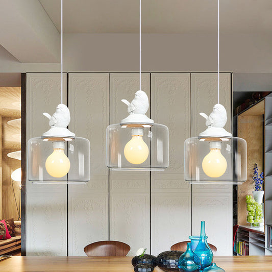 Clear Drum Shade Hanging Light with Bird Contemporary Glass Pendant Light for Restaurant 3 Clear Clearhalo 'Ceiling Lights' 'Close To Ceiling Lights' 'Glass shade' 'Glass' 'Pendant Lights' 'Pendants' Lighting' 188308