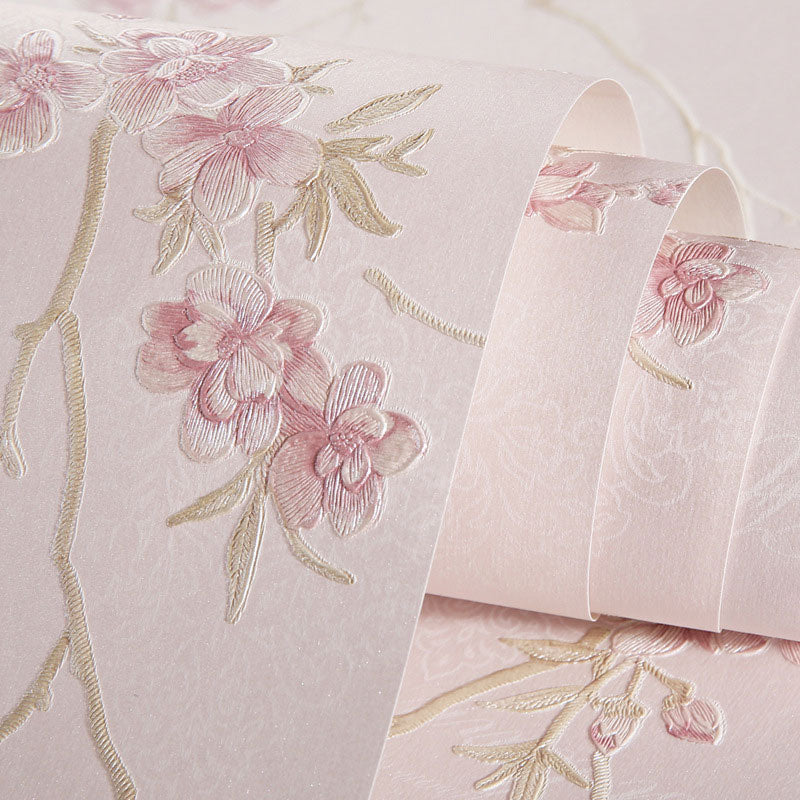 Illustration Blossoming Flower Wallpaper Non-Pasted Wall Art for Living Room, 57.1 sq ft. Clearhalo 'Country wall decor' 'Rustic' 'Wallpaper' Wall Decor' 1883289