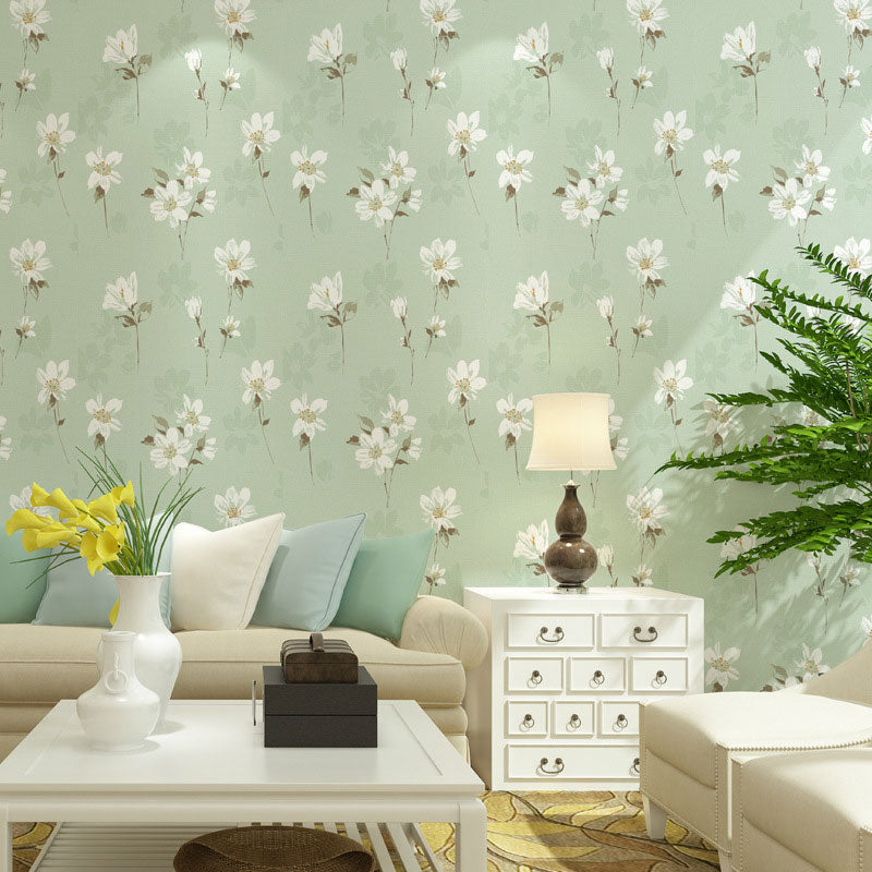 20.5" x 33' Magnolia Wallpaper Roll for Wedding Room Flower Wall Art in Natural Color, Stain-Resistant Light Green Clearhalo 'Country wall decor' 'Rustic' 'Wallpaper' Wall Decor' 1883312