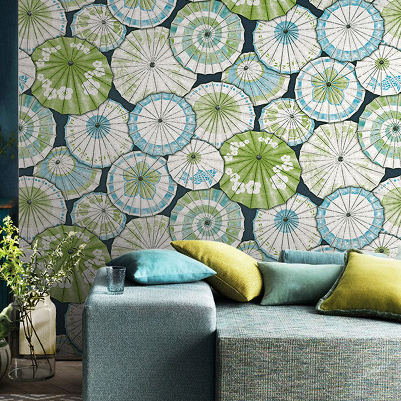 Stain-Resistant Umbrella Wall Art Non-Woven Fabric Countryside Wallpaper for Home Decoration, 33'L x 20.5"W Aqua Clearhalo 'Country wall decor' 'Rustic' 'Wallpaper' Wall Decor' 1883337