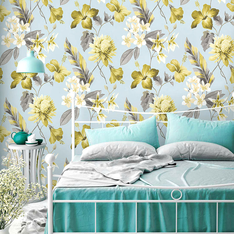 Natural Color Farmhouse Wallpaper 33' x 20.5" Blossoms and Leaf Wall Covering for Bedroom Blue-Green Clearhalo 'Country wall decor' 'Rustic' 'Wallpaper' Wall Decor' 1883356