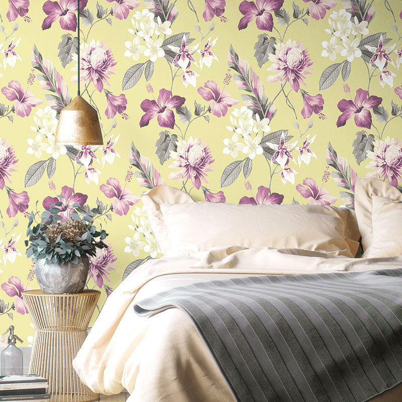 Natural Color Farmhouse Wallpaper 33' x 20.5" Blossoms and Leaf Wall Covering for Bedroom Purple Clearhalo 'Country wall decor' 'Rustic' 'Wallpaper' Wall Decor' 1883359