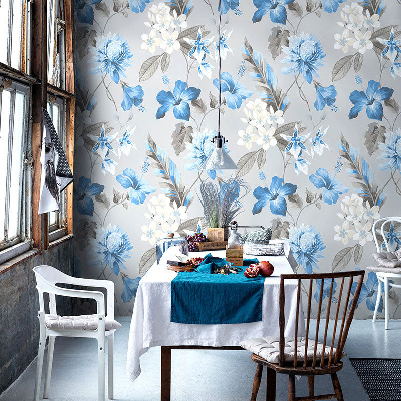 Natural Color Farmhouse Wallpaper 33' x 20.5" Blossoms and Leaf Wall Covering for Bedroom Blue Clearhalo 'Country wall decor' 'Rustic' 'Wallpaper' Wall Decor' 1883362