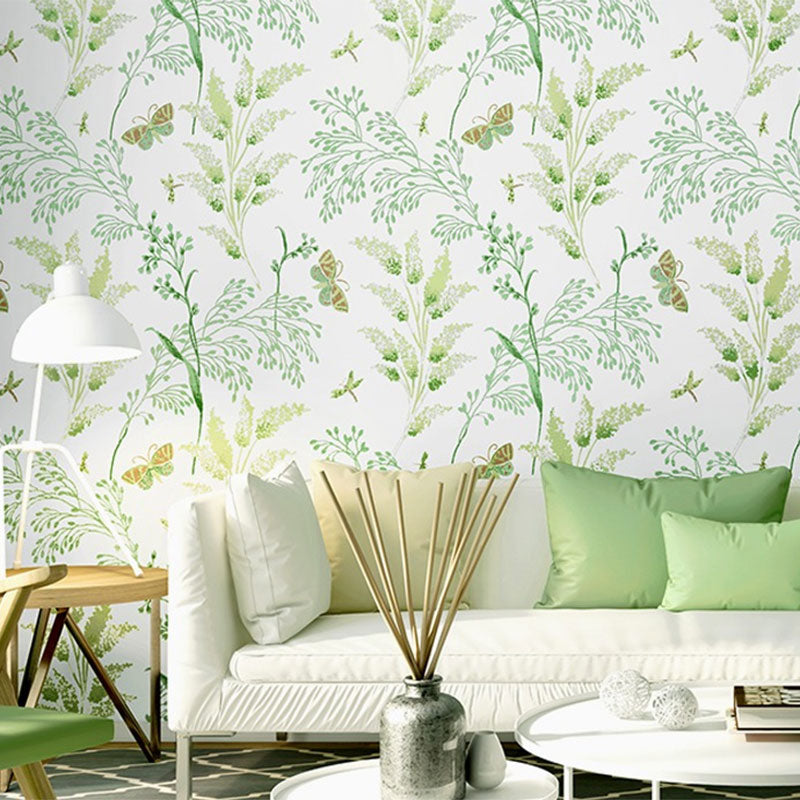 Flowers and Leaves Wall Decor in Green and White, Minimalist Wallpaper for Guest Room Green Clearhalo 'Country wall decor' 'Rustic' 'Wallpaper' Wall Decor' 1883408