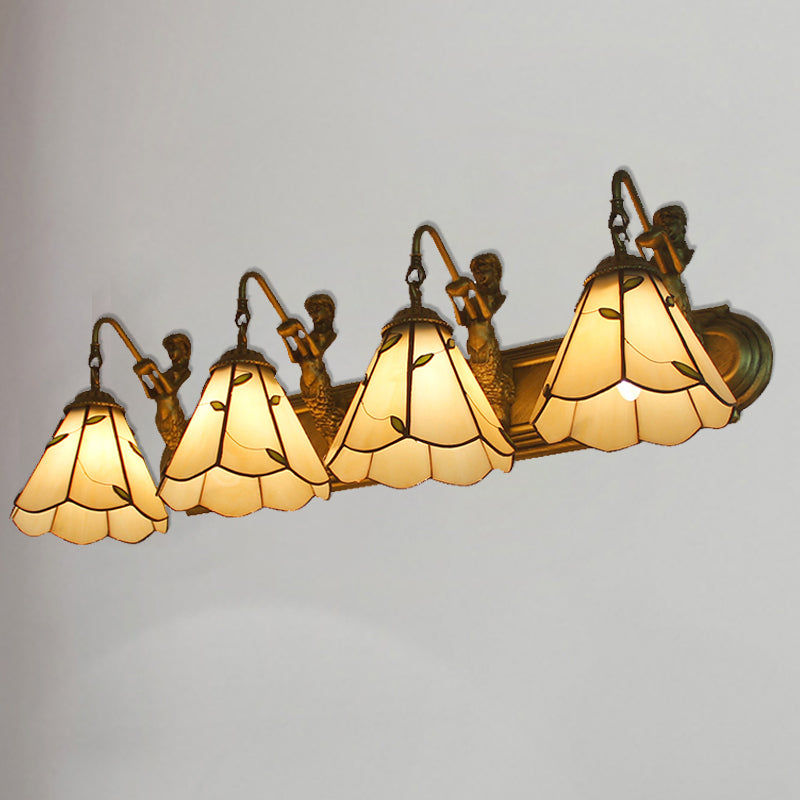 4 Lights Lily Wall Mount Light Tiffany Beige Glass Sconce Light with Mermaid Decoration Clearhalo 'Industrial' 'Middle century wall lights' 'Tiffany wall lights' 'Tiffany' 'Wall Lamps & Sconces' 'Wall Lights' Lighting' 188342