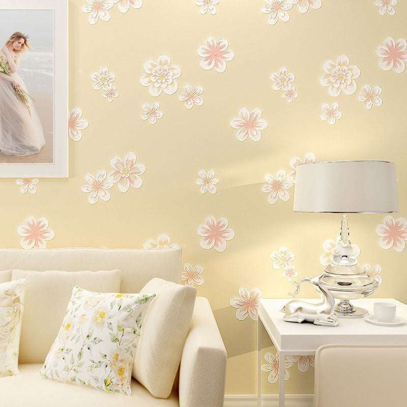 20.5" x 31' Flowers Wallpaper for Girl's Bedroom Blossoms Wall Art in Pink, Stain-Resistant Yellow Clearhalo 'Country wall decor' 'Rustic' 'Wallpaper' Wall Decor' 1883421