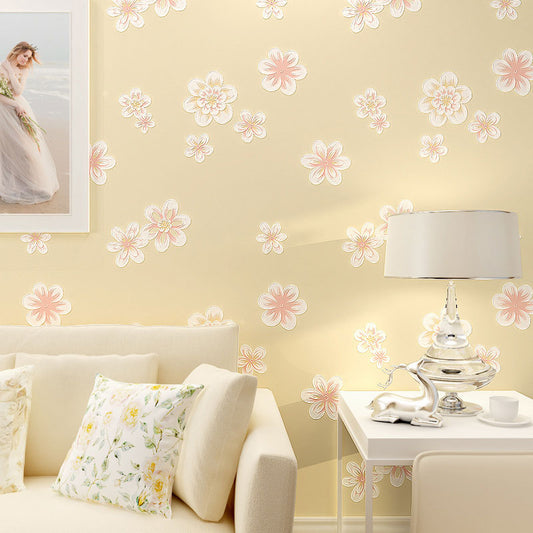 20.5" x 31' Flowers Wallpaper for Girl's Bedroom Blossoms Wall Art in Pink, Stain-Resistant Yellow Clearhalo 'Country wall decor' 'Rustic' 'Wallpaper' Wall Decor' 1883421