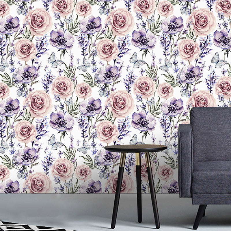 Illustration Style Wallpaper Blossoming Rose Wall Covering for Guest Room Decor in Soft Color, Self-Adhesive Purple-Pink Clearhalo 'Country wall decor' 'Rustic' 'Wallpaper' Wall Decor' 1883442