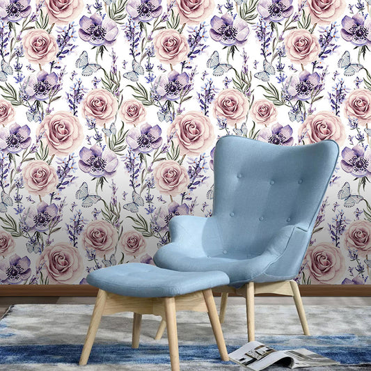 Illustration Style Wallpaper Blossoming Rose Wall Covering for Guest Room Decor in Soft Color, Self-Adhesive Clearhalo 'Country wall decor' 'Rustic' 'Wallpaper' Wall Decor' 1883443