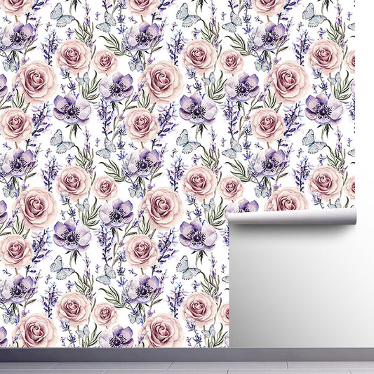 Illustration Style Wallpaper Blossoming Rose Wall Covering for Guest Room Decor in Soft Color, Self-Adhesive Clearhalo 'Country wall decor' 'Rustic' 'Wallpaper' Wall Decor' 1883444