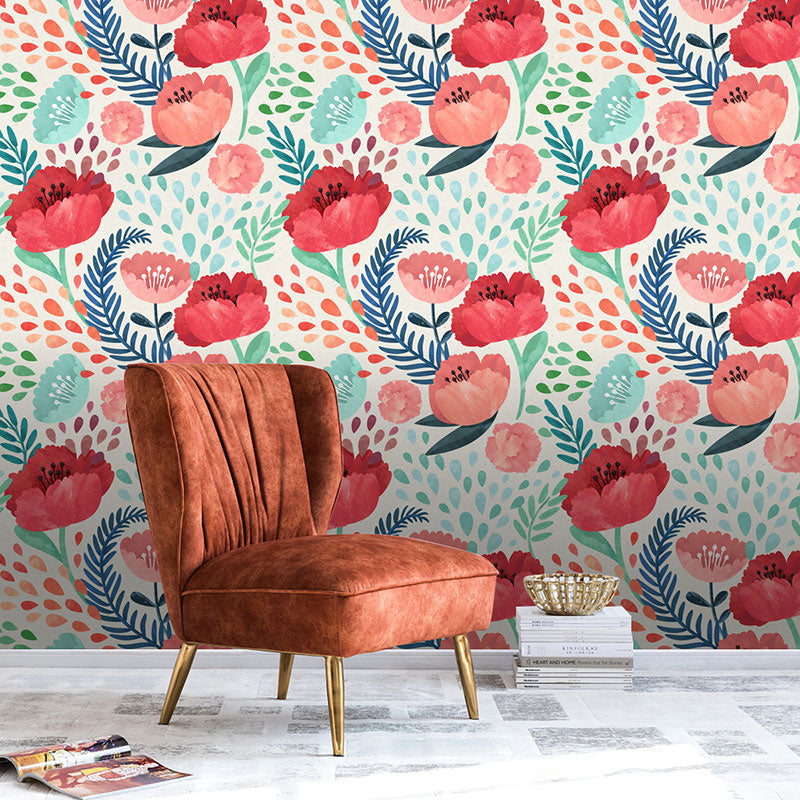 Watercolors of Flower Wallpaper Roll for Accent Wall in Green and Red, Easy to Remove, 29.1 sq ft. Red-Blue-Green Clearhalo 'Country wall decor' 'Rustic' 'Wallpaper' Wall Decor' 1883447