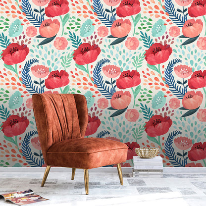 Watercolors of Flower Wallpaper Roll for Accent Wall in Green and Red, Easy to Remove, 29.1 sq ft. Red-Blue-Green Clearhalo 'Country wall decor' 'Rustic' 'Wallpaper' Wall Decor' 1883447