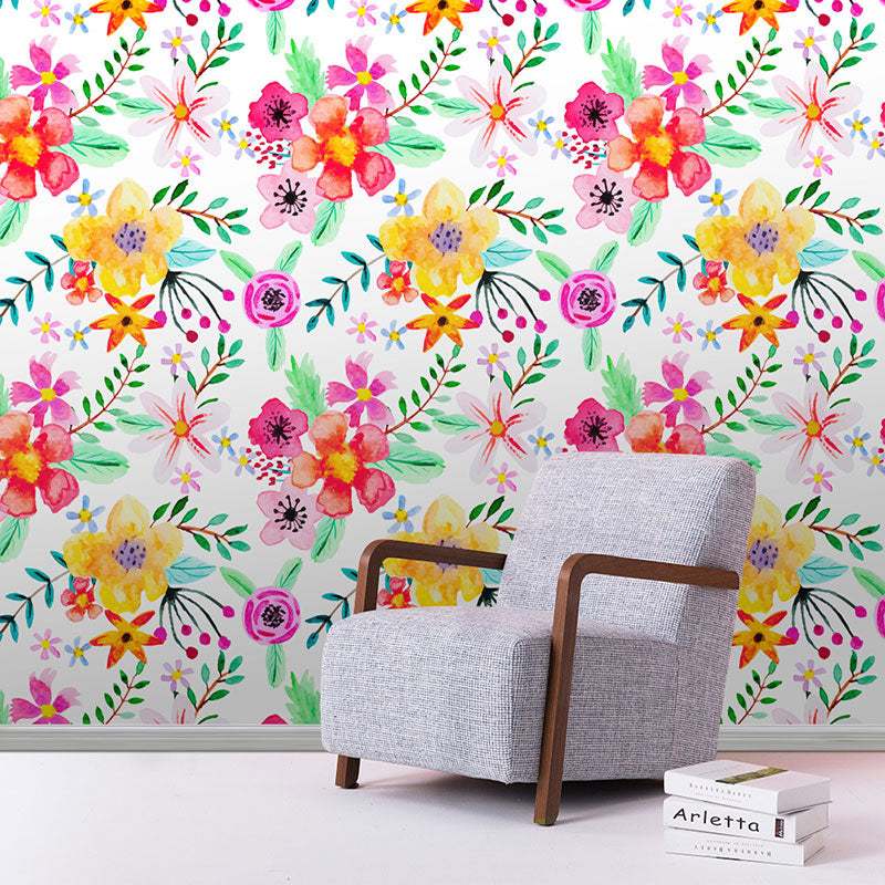 Stain-Resistant Blossoms Wall Art Plaster Minimalist Wallpaper Roll for Girl's Bedroom Red-Yellow-Green Clearhalo 'Country wall decor' 'Rustic' 'Wallpaper' Wall Decor' 1883453