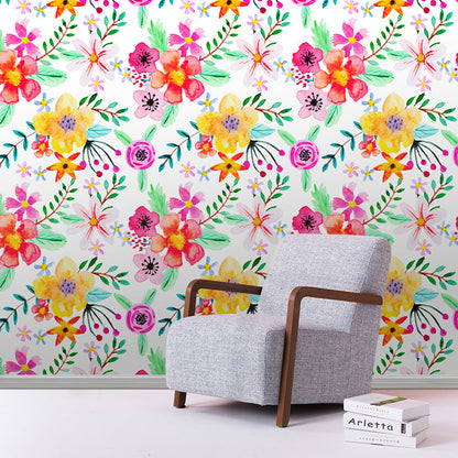 Stain-Resistant Blossoms Wall Art Plaster Minimalist Wallpaper Roll for Girl's Bedroom Red-Yellow-Green Clearhalo 'Country wall decor' 'Rustic' 'Wallpaper' Wall Decor' 1883453