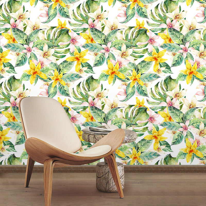 Green and Yellow Modernism Wallpaper 29.1 sq ft. Blossoming Flower Wall Covering for Accent Wall Pink-Yellow-Green Clearhalo 'Country wall decor' 'Rustic' 'Wallpaper' Wall Decor' 1883459