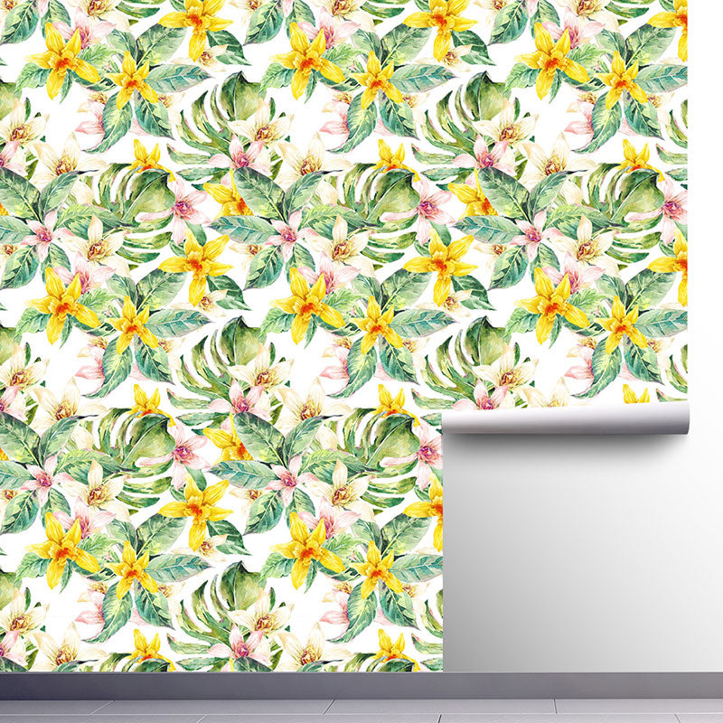 Green and Yellow Modernism Wallpaper 29.1 sq ft. Blossoming Flower Wall Covering for Accent Wall Clearhalo 'Country wall decor' 'Rustic' 'Wallpaper' Wall Decor' 1883461