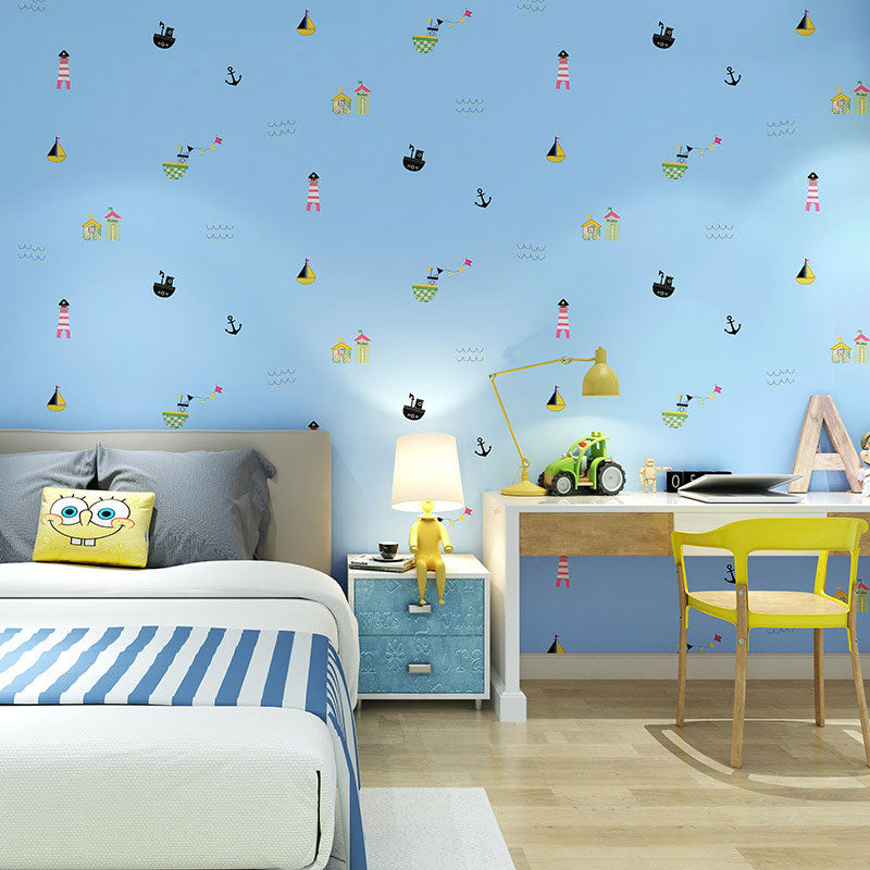 Pastel Boat and Beacon Wallpaper Stain-Resistant Wall Art for Children's Bedroom,Non-Pasted Clearhalo 'Wall Decor' 'Wallpaper' 1883489