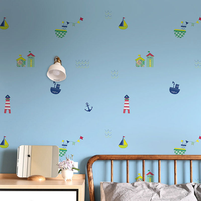 Pastel Boat and Beacon Wallpaper Stain-Resistant Wall Art for Children's Bedroom,Non-Pasted Light Blue Clearhalo 'Wall Decor' 'Wallpaper' 1883492