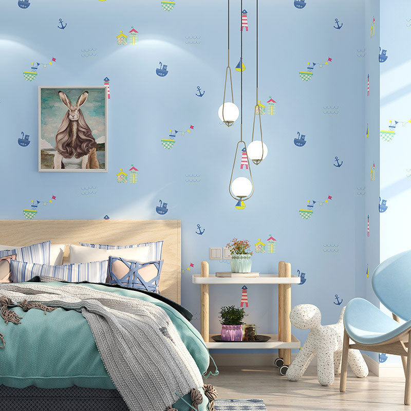 Pastel Boat and Beacon Wallpaper Stain-Resistant Wall Art for Children's Bedroom,Non-Pasted Clearhalo 'Wall Decor' 'Wallpaper' 1883493