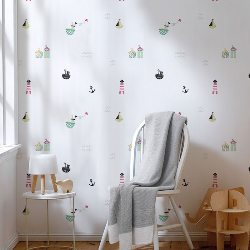 Pastel Boat and Beacon Wallpaper Stain-Resistant Wall Art for Children's Bedroom,Non-Pasted White Clearhalo 'Wall Decor' 'Wallpaper' 1883496