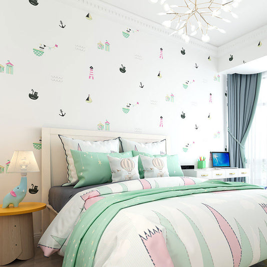 Pastel Boat and Beacon Wallpaper Stain-Resistant Wall Art for Children's Bedroom,Non-Pasted Clearhalo 'Wall Decor' 'Wallpaper' 1883497