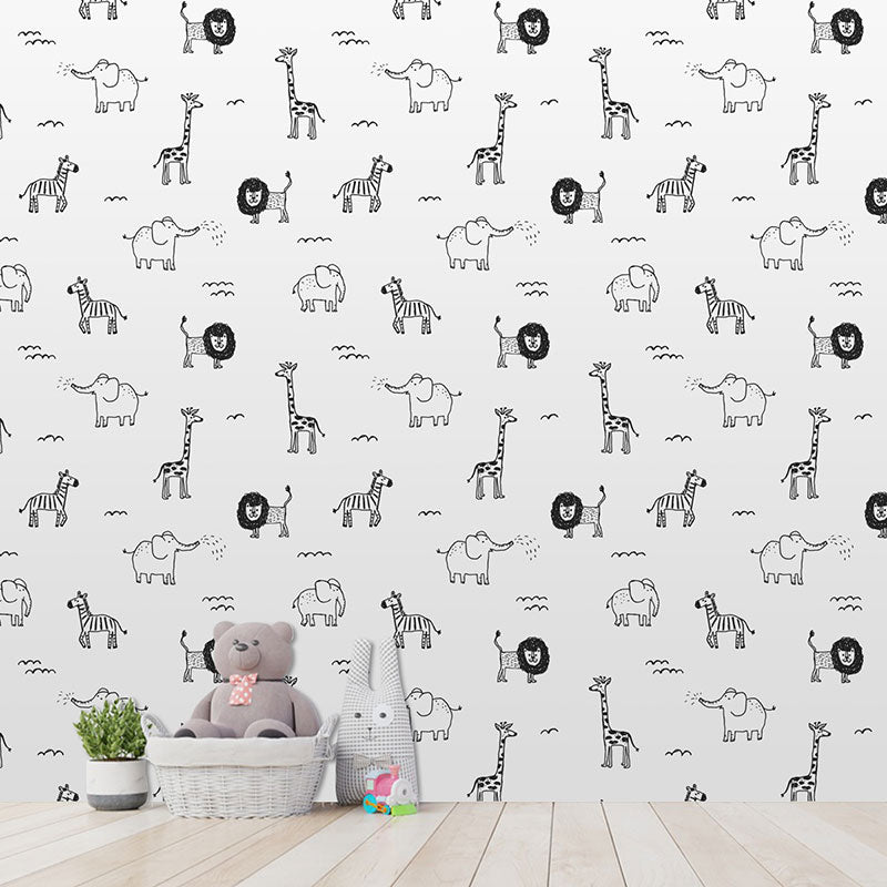 Contemporary Wall Covering Grey and White Giraffe and Elephant Wallpaper Roll, 29.1 sq ft. Black-White Clearhalo 'Wall Decor' 'Wallpaper' 1883530