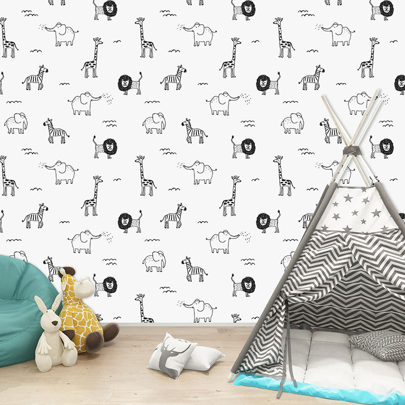 Contemporary Wall Covering Grey and White Giraffe and Elephant Wallpaper Roll, 29.1 sq ft. Clearhalo 'Wall Decor' 'Wallpaper' 1883531